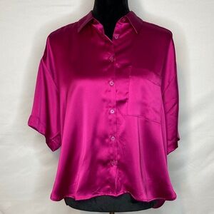 NWT LOFT Magenta Pink Satin Short Sleeve Button Front Blouse